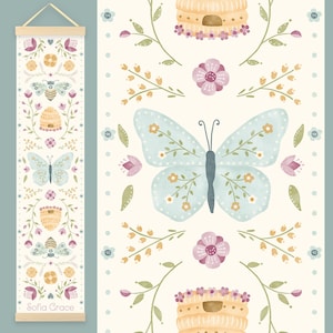 May include: A vertical wall hanging growth chart featuring a cream background with watercolor illustrations of light blue butterflies, yellow beehives, bees, and pink flowers. The chart includes numerical markers and the name Sofia Grace.