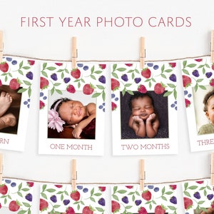 Premier anniversaire des baies ~ cartes photo première année, cartes jalons, modèle numérique modifiable imprimable, décoration de fête pour le premier anniversaire des baies