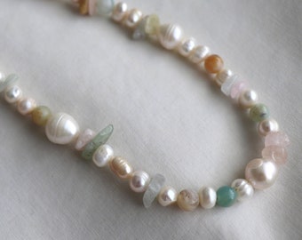 Mixed Pearls and Gemstones Necklace | Pastel Gemstones Choker | Multi Bead Pearl Necklace