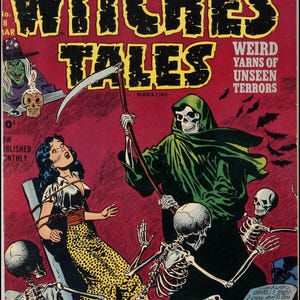 1952 Witches Tales #8 and Pre-Code Horror Comic Cover Poster, Lee Elias Grim Reaper & Jack Kirby Black Magic 18x24 Vintage Pulp Wall Art