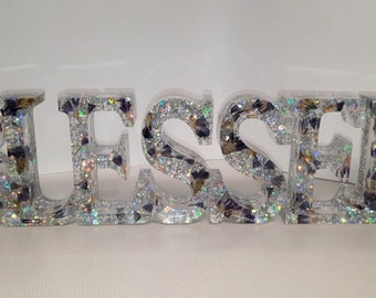 Real, Dried Purple Statice flowers "Blessed" Resin Sign. Backed with silver holographic glitter