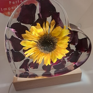 Sunflower Heart-shaped resin block. USB-corded light pedestal. Sunflower on a bed of rose petals. Personalization option. Real Sunflowers!