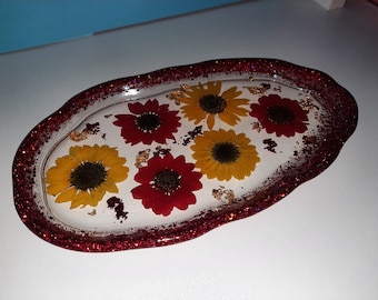 Sunflower Catch-all Tray. Perfume tray, Vanity Tray. Real Sunflowers, red flowers with red and gold flakes. Chunky red glitter rim. (Resin).