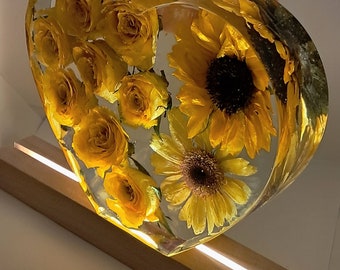 Yellow-themed Sunflower, Roses, & Gerbera Daisy, resin block. Real flowers! Paperweight. Comes w/ USB-corded light pedestal and wall plug.