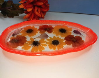 Sunflower Catch-all Tray. Perfume tray, Vanity Tray. Real Sunflowers & Orange Sulfur Cosmos Flowers! Vibrant Orange glitter rim. (Resin)