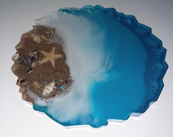 Beach-Themed Resin Drink Coaster. With sand, seashells, starfish, abalone shells, and crushed glass.