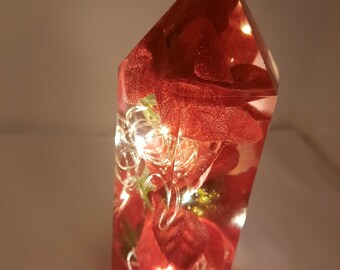 Faux Poinsettia resin tower with fairy lights. Poinsettia. Resin Tower. Gifts for Her. Gifts for Him. Holiday.