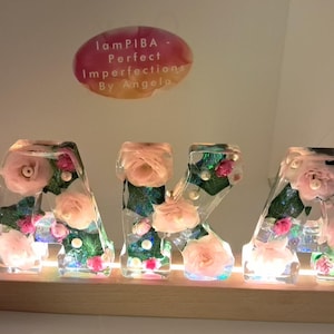 Sorority Inspired Resin Letter Block. 11.91 inches long. LED wood pedestal (warm light). Personalization option. Gifts.