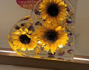 Real, Dried Sunflowers, Heart-shaped resin block w/purple statice flowers,  gold flakes. Comes w/ LED pedestal & wall plug. Sunflower gifts.