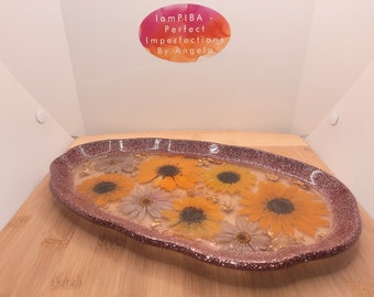 Sunflower Catch-all Tray. Perfume tray, Vanity Tray. Real Sunflowers & Daisies! Antique Rose Gold glitter rim with gold flakes. (Resin)