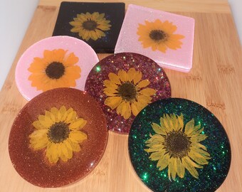 Real Sunflower coasters. Resin. 3.93-inch circle or square coaster. The choice is yours!  (1 Pc) Limited Edition glittery base.