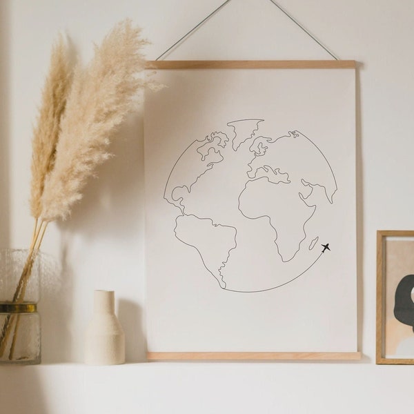 World Map Line Art Poster, World Travel Map, Single Line Drawing, Cute World Ma, Printable World Map,Single Line Art