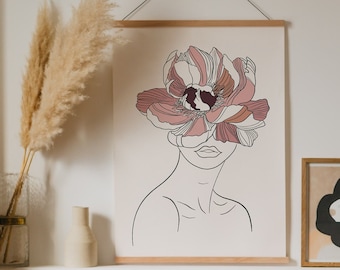 Floral Head Woman Print, Dessin au trait Femme, Abstrait Femme Line Art, Affiche féministe, Figure de femme, Art féminin minimaliste, Imprimé floral