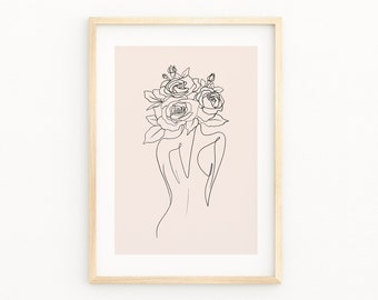 Floral Woman Line Art Print, Female Body Drawing (Digital Download)