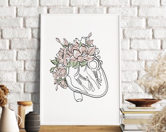 Floral Heart Anatomy Print, Cardiologist Gift (Digital Download)