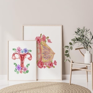 Bloemen vrouwelijk voortplantingssysteem, OBGYN-kunst, anatomie Art Print, medische kunst, gynaecologie cadeau, borst baarmoeder anatomie, decor gynaecologen kliniek