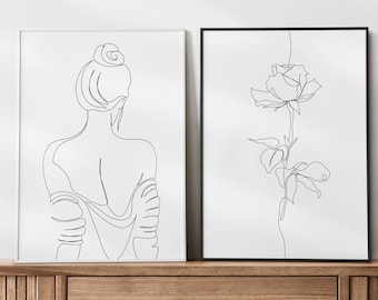 Minimalist Woman Line Art Print, Female Body, Rose (Digital Download)