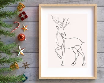 Christmas Deer Art Print,Deer Line Art, Deer Printable, Reindeer Poster, Xmas Wall Art, Minimalist Christmas Art Print, Christmas Line Art