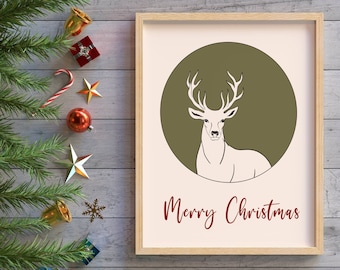 Minimalist Deer Christmas Art Print, Holiday Wall Decor (Digital Download)