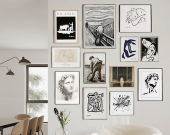 Conjunto ecléctico para pared de galería, láminas artísticas en blanco y negro (descarga digital)