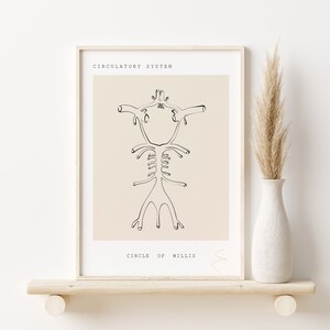 Puede incluir: Un dibujo en blanco y negro de la arteria cerebral, una red de arterias en la base del cerebro. El dibujo está sobre un fondo beige con el texto "CIRCULATORY SYSTEM" y "CIRCLE OF WILLIS" en negro.