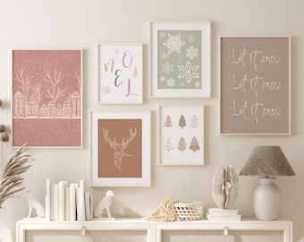 Boho kerstprint set van 6, kerstgalerij muur, herten lijntekeningen print, sneeuwvlok print, kerst lijntekeningen set, modern kerstdecor