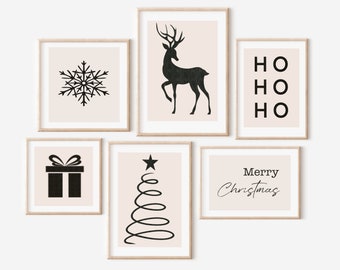 Kerst print set van 6, kerst galerij kunst aan de muur, kerst line art print, boho kerst, kerst muur decor, moderne kerst afdrukbaar