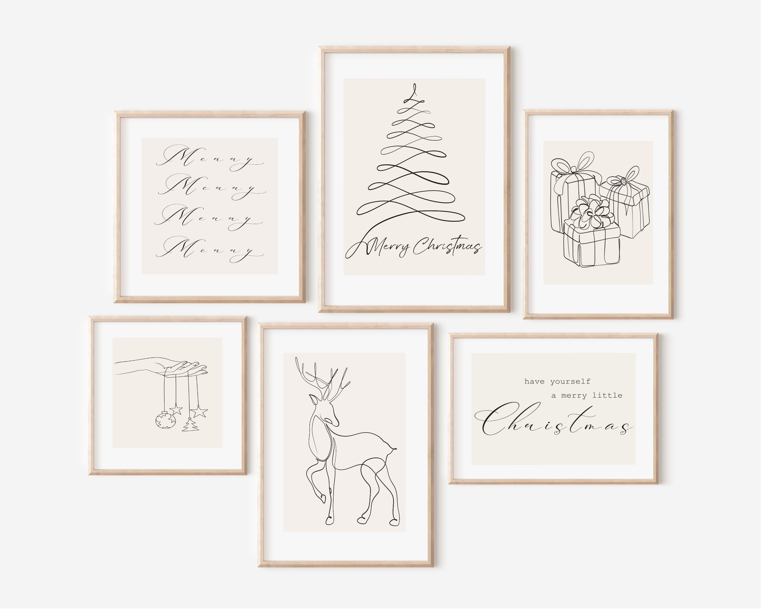 Kerst print set van 6, kerstgalerij kunst aan de muur, kerst line art print, boho kerst, kerst muur decor, moderne kerst afdrukbare
