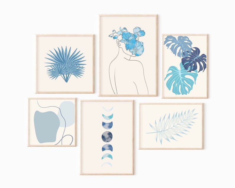Light Blue Wall Art, Sky Blue Wall Art Set of 6 Boho Prints, Boho
