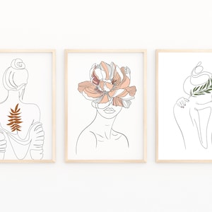 Floral Female Prints Art Set, Female Line Art, Feminist Wall Art, Woman Botanical Print, Female Body Art, Gallery Wall Art