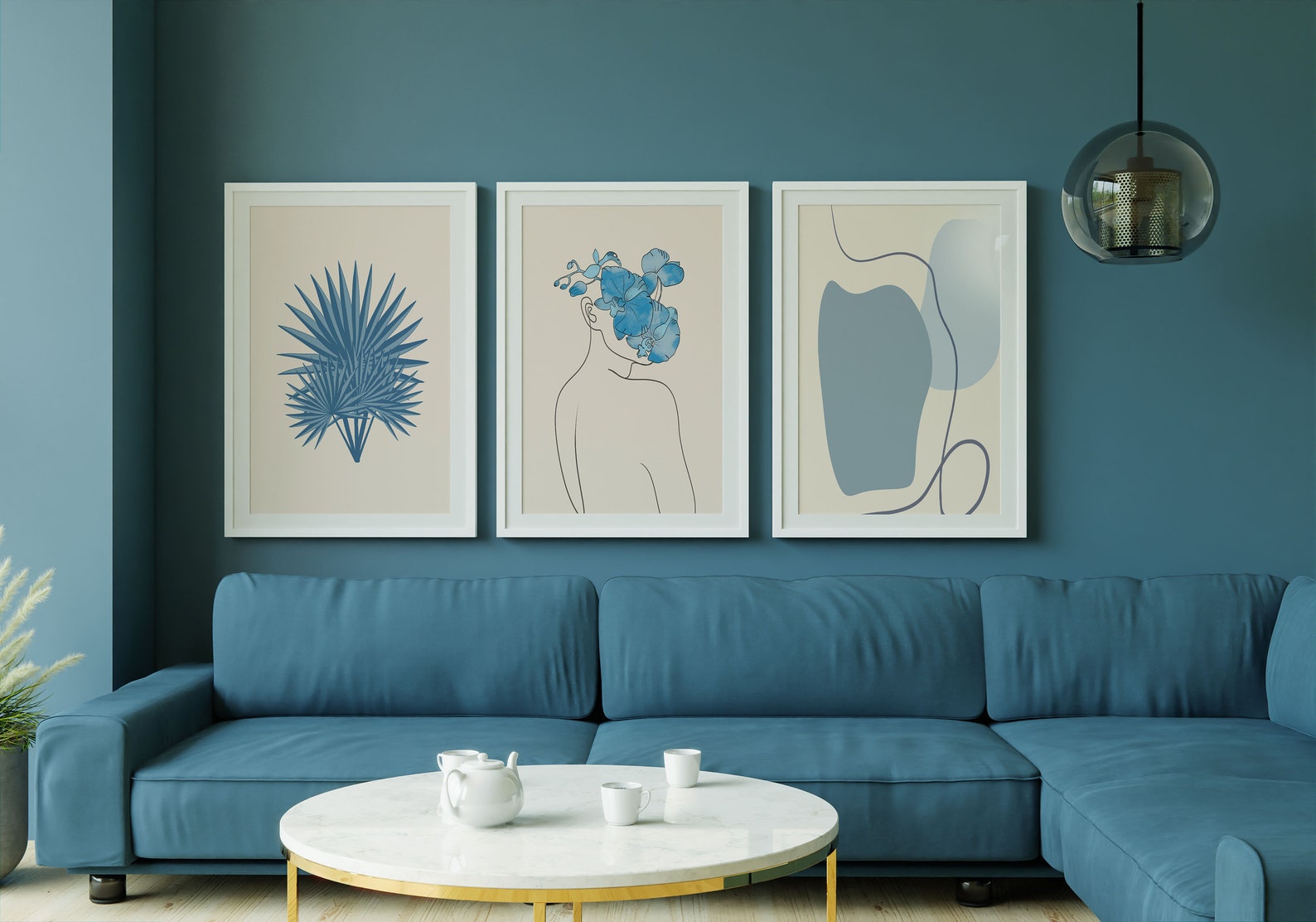 Light Blue Wall Art, Sky Blue Wall Art Set of 6 Boho Prints, Boho Botanical Set, Minimalist Art