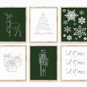 Christmas Print Set Of 6, Christmas Line Art,Christmas Gallery Wall Art, Dark Yellow Christmas Print Set, Christmas Printable, Deer Line Art