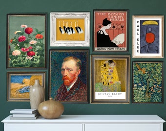 Eclectic Gallery Wall Set of 8, William Morris Print, Famous Art Prints, vintage Poster Set, Gustav Klimt, Paul Klee Print, Digital Art Set