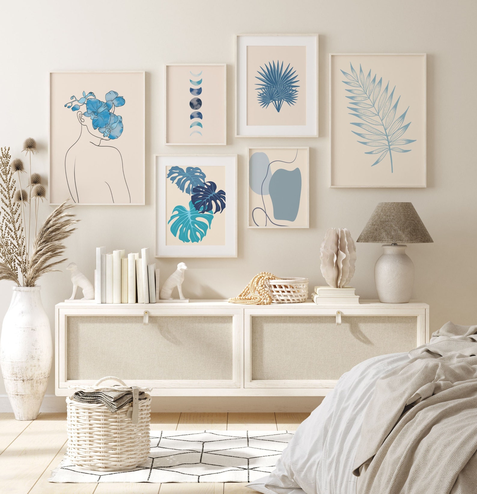 Light Blue Wall Art, Sky Blue Wall Art Set of 6 Boho Prints, Boho Botanical Set, Minimalist Art
