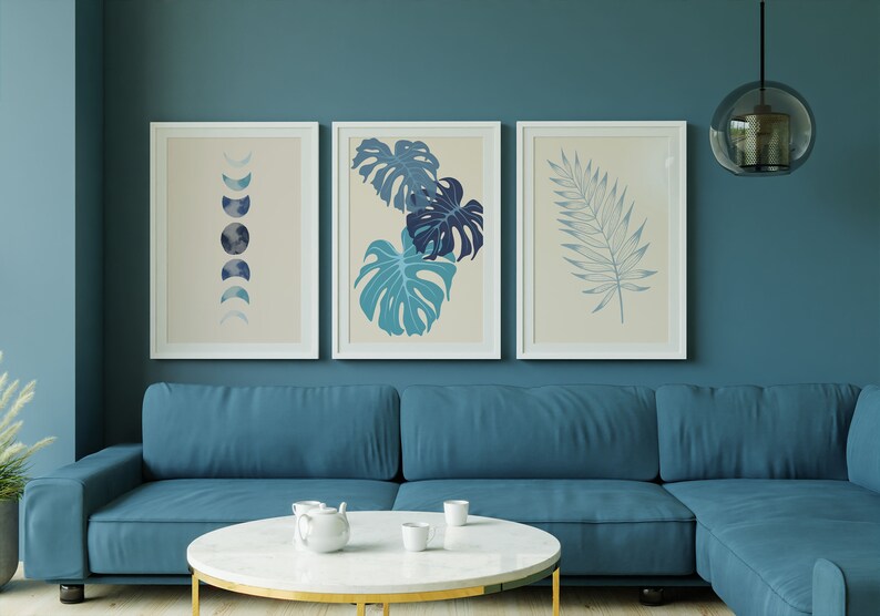 Light Blue Wall Art, Sky Blue Wall Art Set of 6 Boho Prints, Boho
