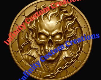 Vengeance Herausforderungs-Münze BMP | Flammender Schädel Tiefe Karte | 3D Relief Schnitzdatei | Lasergravur Design | Challenge Coin Kunstwerk