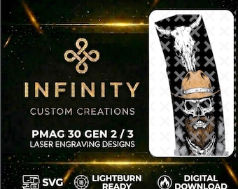 Texas Cowboy Skull MAG Fiber Laser Engraving  | Western Outlaw Longhorn Design | LightBurn SVG DXF Digital Download