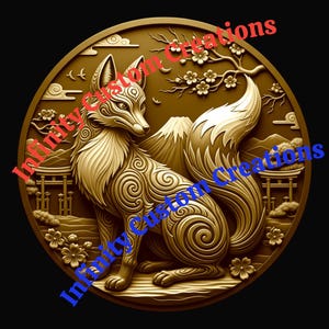 May include: A golden-colored, circular relief sculpture featuring a stylized fox with intricate swirling patterns. The fox is set against a backdrop of a mountain, cherry blossoms, and traditional Japanese architecture. The text "Infinity Custom Creations" is visible.