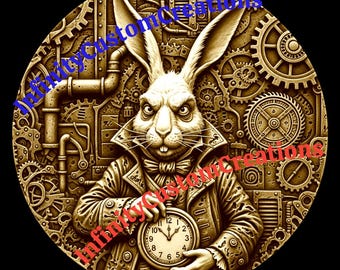 Diseño Steampunk de Conejo Blanco (Descarga Digital) / Relieve 3D / Mapa de Profundidad en Escala de Grises 4K (BMP) / Arte Steampunk / Láser de Fibra y CNC / Moneda EDC