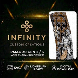 May include: A digital design file for PMAG 30 Gen 2/3 laser engraving featuring a hooded skeleton warrior holding a staff with a skull topper. The graphic includes the text Infinity Custom Creations, SVG, Lightburn Ready, and Digital Download.