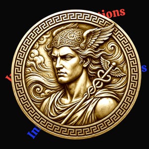Peut inclure: Médaillon doré représentant un relief détaillé d'une figure classique avec un casque ailé et un bâton avec un serpent. Le médaillon a une bordure grecque et est sur fond noir.