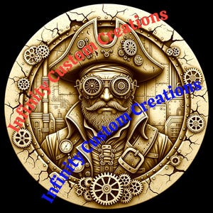 May include: A steampunk-themed illustration featuring a man with goggles, a beard, and a hat, surrounded by gears and mechanical elements. The image has a sepia tone with the text "Infinity Custom Creations" and "Custom Creations" in red and blue.