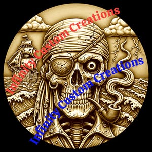 May include: A detailed illustration of a pirate skull with an eye patch, smoking a pipe, and wearing a bandana. A ship sails on the ocean in the background, with waves and clouds. The image has a sepia tone.