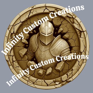 May include: A detailed illustration of a knight in golden armor emerging from a cracked, circular stone frame. The knight's helmet and armor are intricately designed. The text "Infinity Custom Creations" is overlaid on the image.