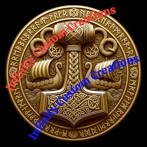 May include: A gold-colored, circular medallion featuring a detailed relief design. The central image is a hammer, flanked by Viking ships, with serpent and knotwork details. The outer ring has runic inscriptions.
