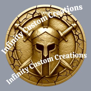 May include: A gold-colored, circular emblem featuring a Spartan helmet and two crossed swords. The design is set against a cracked, textured background. The text "Infinity Custom Creations" is printed diagonally across the image.