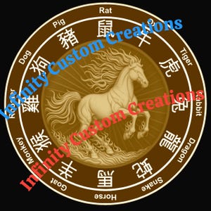 May include: A circular, bronze-colored design featuring a detailed relief of a horse at the center. The outer ring displays Chinese zodiac symbols and English translations. The text "Infinity Custom Creations" is overlaid.