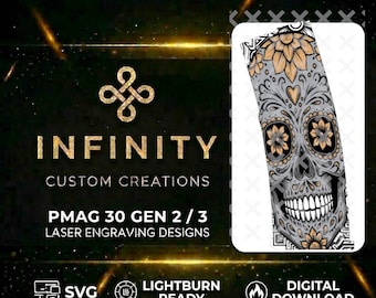 Sugar Skull PMAG Digital Design | Day of the Dead Skull Design | Fiber Laser Engraving File SVG  | LightBurn Ready | Dia De Los Muertos