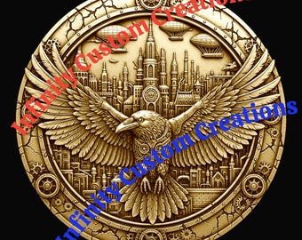 Steampunk Raven Coin Depth Map | 3D Relief Engraving File (Digital Download)