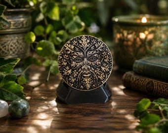 Green Man Brass Challenge Coin – Celtic Forest Spirit Coin with Dara Knot Back – 40mm Engraved Brass Collectible – Celtic Gift